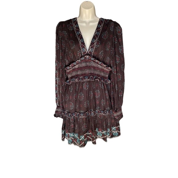 NWT SEA NY Ellabeth Size 8 Boho V-Neck Brown Cotton Blend Long Sleeve Dress  New - Picture 5 of 16